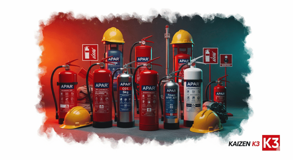 Berbagai jenis Alat Pemadam Api Ringan (APAR) yang disediakan oleh Kaizen K3 Yogyakarta, termasuk tipe Powder, CO2, dan Foam, lengkap dengan helm safety.