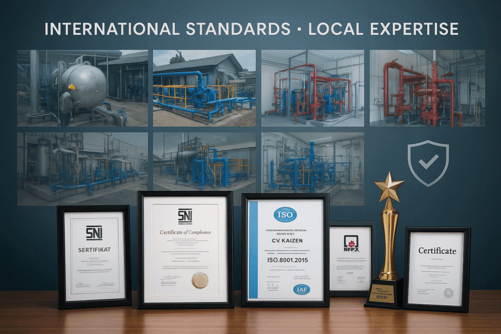Berbagai sertifikat standar internasional seperti ISO 9001:2015 dan SNI yang dimiliki oleh Kaizen K3 sebagai bukti komitmen pada kualitas layanan K3L di APAR Joglosemar.